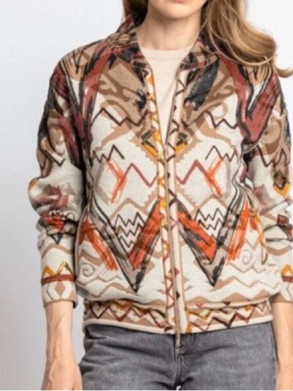 IVKO NEW Wool Blend Geometric-Print Bomber Jacket Cream Brown Rust Sm